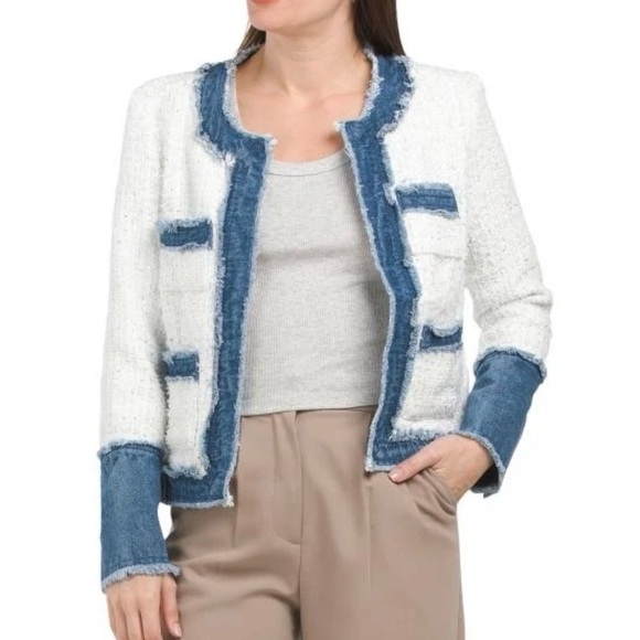 NEW NANETTE NANETTE LEPORE Frayed Tweed & Denim Jacket blazer - Picture 3 of 12